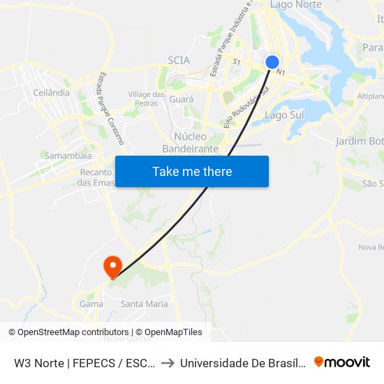 W3 Norte | FEPECS / ESCS / Hemocentro / PETZ to Universidade De Brasília - Campus Do Gama map