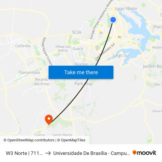 W3 Norte | 711 Norte to Universidade De Brasília - Campus Do Gama map