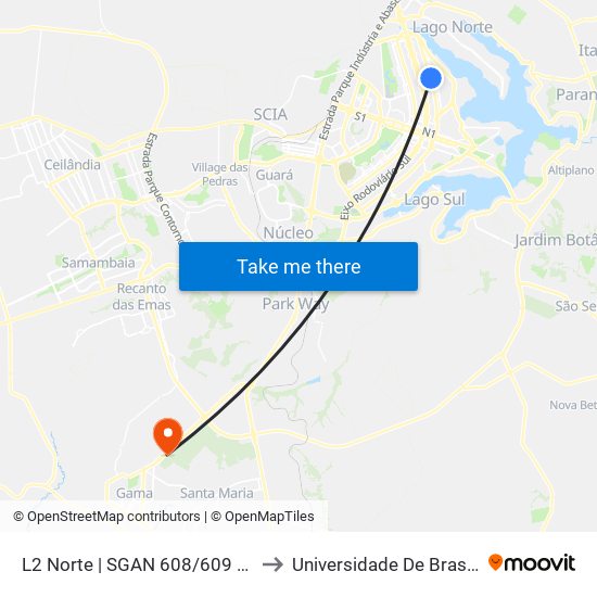L2 Norte | SGAN 608/609 (IDP / Hospital Santa Marta) to Universidade De Brasília - Campus Do Gama map