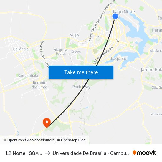 L2 Norte | SGAN 614 to Universidade De Brasília - Campus Do Gama map