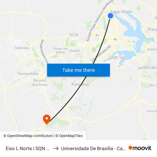 Eixo L Norte | SQN 216 (SHLN) to Universidade De Brasília - Campus Do Gama map
