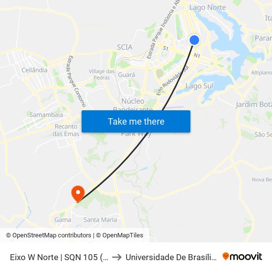 Eixo W Norte | SQN 105 (Delegacia da Criança) to Universidade De Brasília - Campus Do Gama map