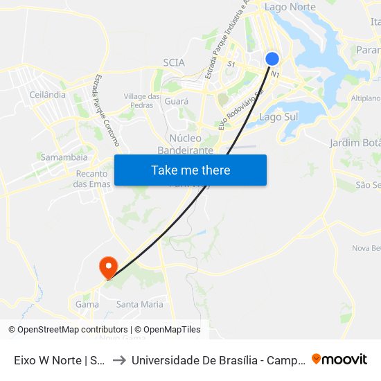 Eixo W Norte | SQN 103 to Universidade De Brasília - Campus Do Gama map