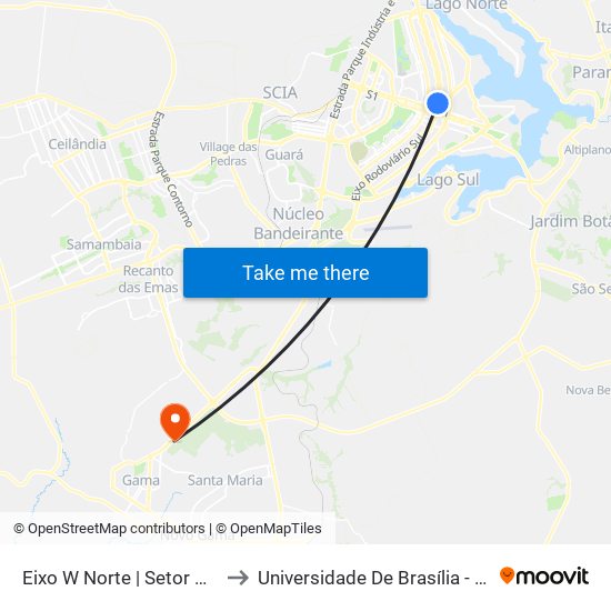 Eixo W Norte | Setor Comercial Norte to Universidade De Brasília - Campus Do Gama map