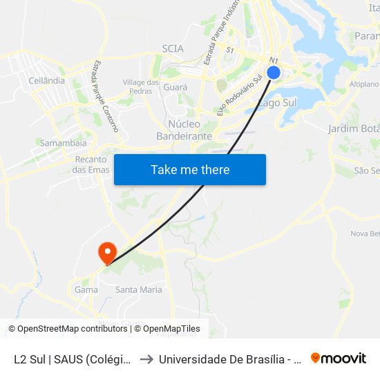 L2 Sul | SAUS (Colégio Galois / OAB) to Universidade De Brasília - Campus Do Gama map