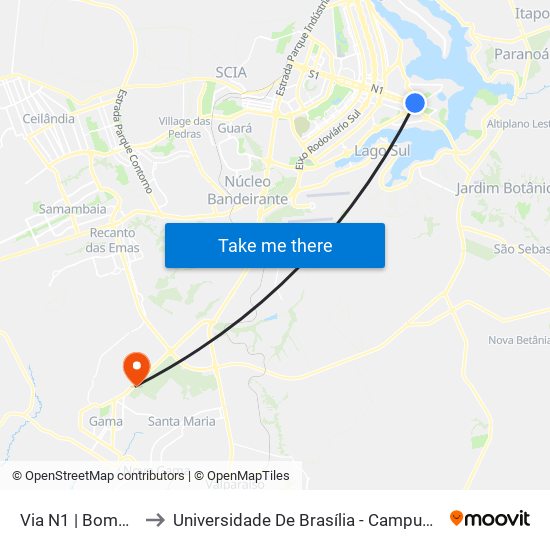 Via N1 | Bombeiros to Universidade De Brasília - Campus Do Gama map