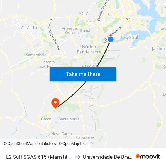 L2 Sul | SGAS 615 (Maristão / Paróquia Sagrado Coração) to Universidade De Brasília - Campus Do Gama map