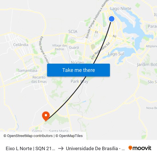 Eixo L Norte | SQN 211 (Plaza Norte) to Universidade De Brasília - Campus Do Gama map
