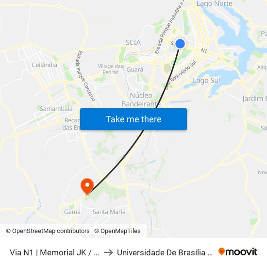 Via N1 | Memorial JK / Praça do Cruzeiro to Universidade De Brasília - Campus Do Gama map