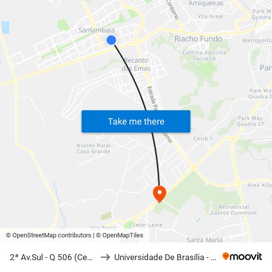 2ª Av.Sul - Q 506 (Cem 304/Cef 504) to Universidade De Brasília - Campus Do Gama map