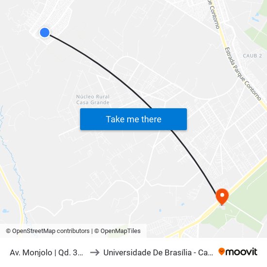 Av. Monjolo | Qd. 311, Conj. 5a to Universidade De Brasília - Campus Do Gama map