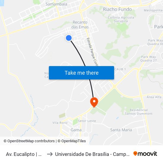 Av. Eucalipto | Qd. 407 to Universidade De Brasília - Campus Do Gama map