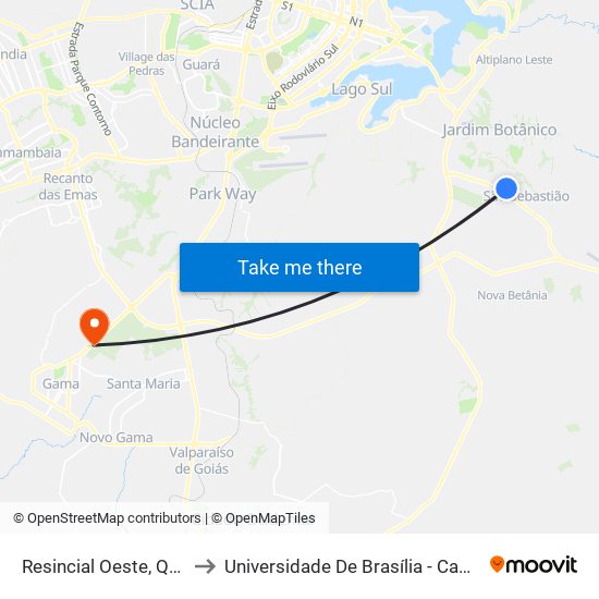 Resincial Oeste, Quadra 104 to Universidade De Brasília - Campus Do Gama map