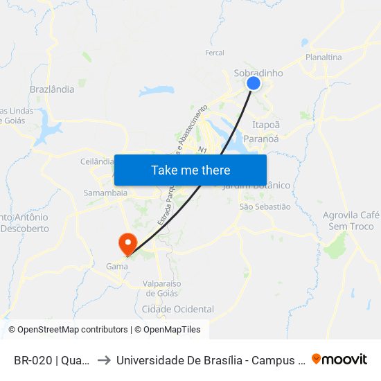 BR-020 | Quadra 2 to Universidade De Brasília - Campus Do Gama map