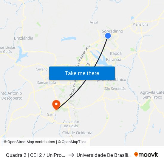 Quadra 2 | CEI 2 / UniProjeção (Balão do Posto) to Universidade De Brasília - Campus Do Gama map
