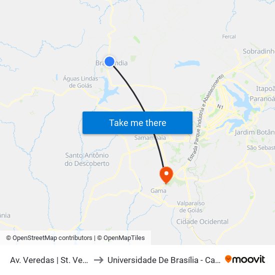 Av. Veredas | St. Veredas, Qd. 6 to Universidade De Brasília - Campus Do Gama map