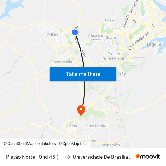 Pistão Norte | Qnd 45 (Escola Classe 15) to Universidade De Brasília - Campus Do Gama map