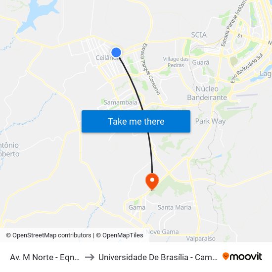 Av. M Norte - Eqnm 36/34 to Universidade De Brasília - Campus Do Gama map