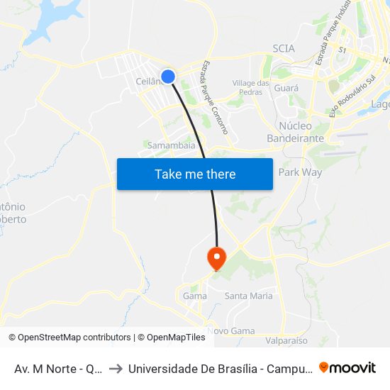 Av. M Norte - Qnm 34 to Universidade De Brasília - Campus Do Gama map