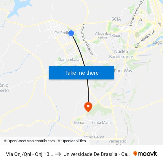 Via Qnj/Qnl - Qnj 13 (Projeção) to Universidade De Brasília - Campus Do Gama map