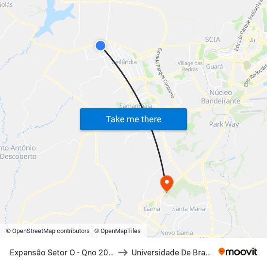 Expansão Setor O - Qno 20 (Praça/Padaria Pão De Mel) to Universidade De Brasília - Campus Do Gama map