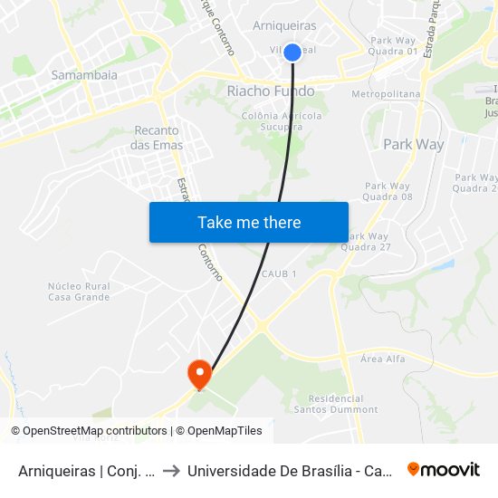 Arniqueiras | Conj. 5, Ch. 101 to Universidade De Brasília - Campus Do Gama map