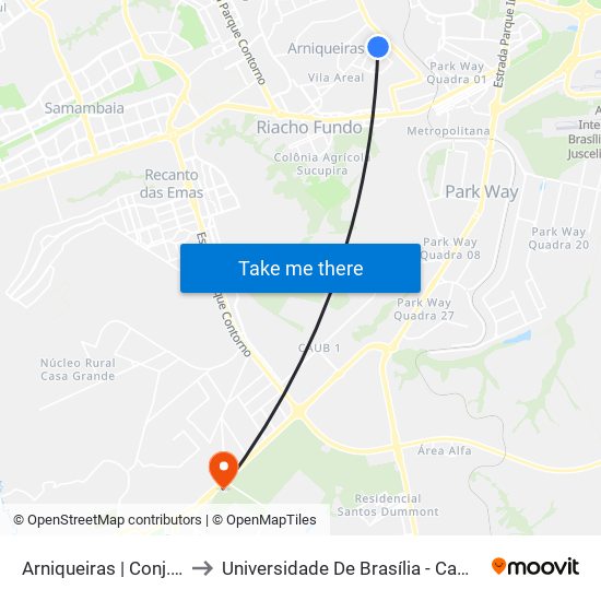 Arniqueiras | Conj. 4, Ch. 64 to Universidade De Brasília - Campus Do Gama map