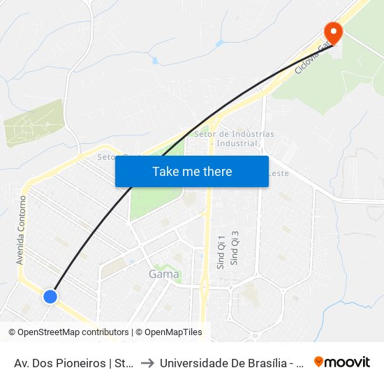 Av. Dos Pioneiros | St. Oeste, Qd. 32 to Universidade De Brasília - Campus Do Gama map