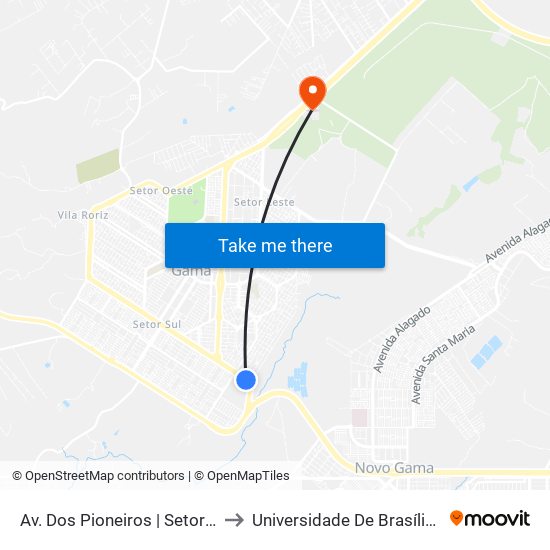 Av. Dos Pioneiros | Setor Sul (Saída Do Gama) to Universidade De Brasília - Campus Do Gama map