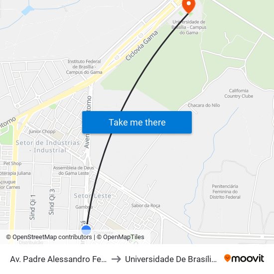 Av. Padre Alessandro Ferloni | St. Leste, Qd. 5 to Universidade De Brasília - Campus Do Gama map