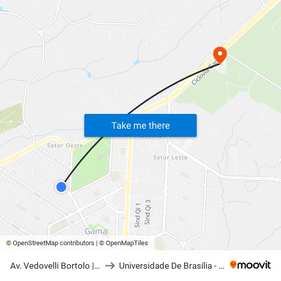 Av. Vedovelli Bortolo | St. Oeste, Qd. 6 to Universidade De Brasília - Campus Do Gama map