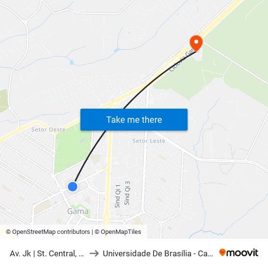 Av. Jk | St. Central, Ae 1 (Sesi) to Universidade De Brasília - Campus Do Gama map