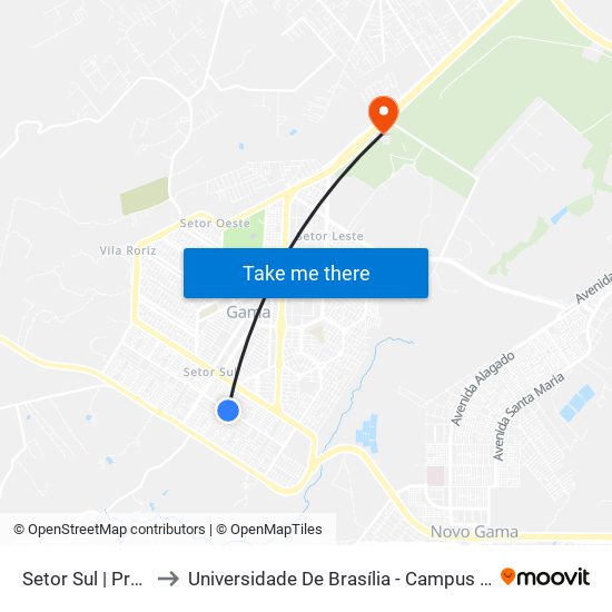 Setor Sul | Praça 1 to Universidade De Brasília - Campus Do Gama map