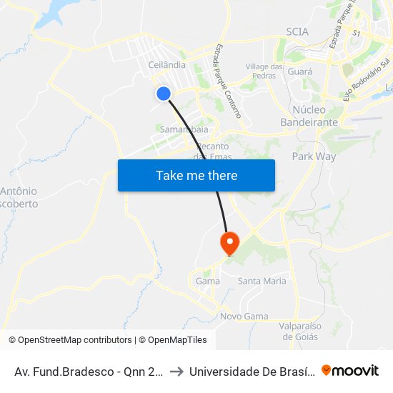 Av. Fund.Bradesco - Qnn 24 Cj P (Casa Do Cantador) to Universidade De Brasília - Campus Do Gama map