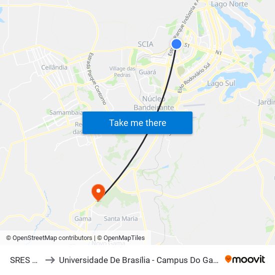 SRES 12 to Universidade De Brasília - Campus Do Gama map