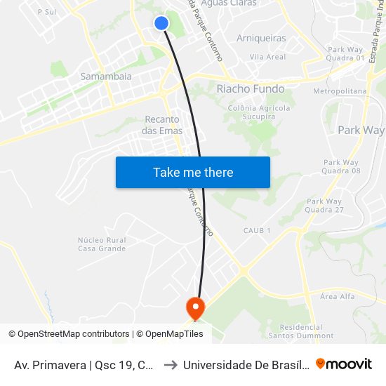 Av. Primavera | Qsc 19, Ch. 26 (Armarinho Estrela) to Universidade De Brasília - Campus Do Gama map