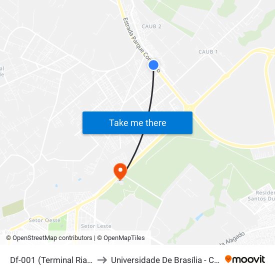 Df-001 (Terminal Riacho Fundo II) to Universidade De Brasília - Campus Do Gama map