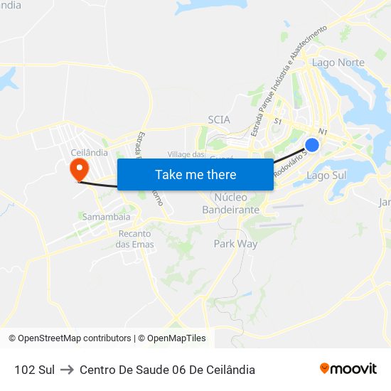 102 Sul to Centro De Saude 06 De Ceilândia map