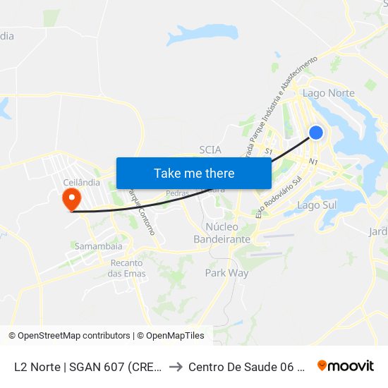 L2 Norte | SGAN 607 (CRE Plano Piloto) to Centro De Saude 06 De Ceilândia map