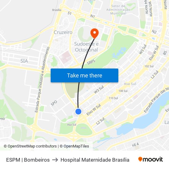 ESPM | Bombeiros to Hospital Maternidade Brasília map
