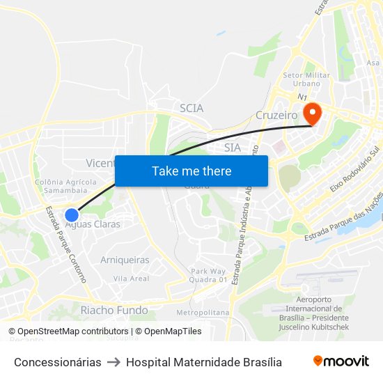 Concessionárias to Hospital Maternidade Brasília map