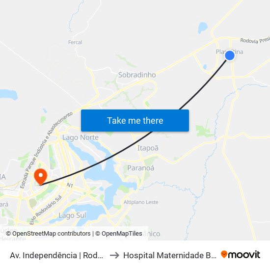 Av. Independência | Rodoviária to Hospital Maternidade Brasília map