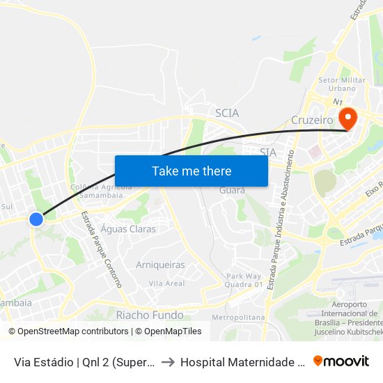 Via Estádio | Qnl 2 (Super Adega) to Hospital Maternidade Brasília map