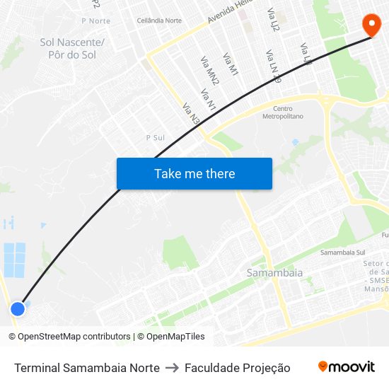 Terminal Samambaia Norte to Faculdade Projeção map