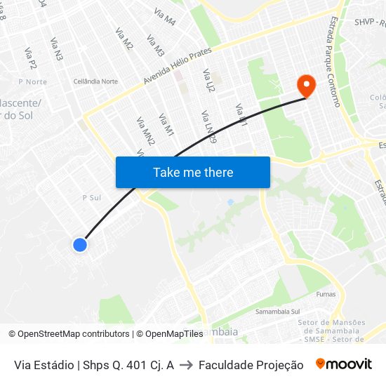 Via Estádio | Shps Q. 401 Cj. A to Faculdade Projeção map