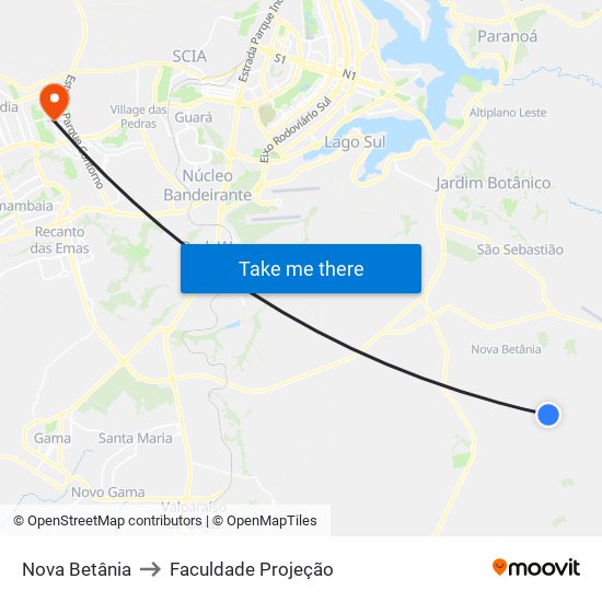 Nova Betânia to Faculdade Projeção map