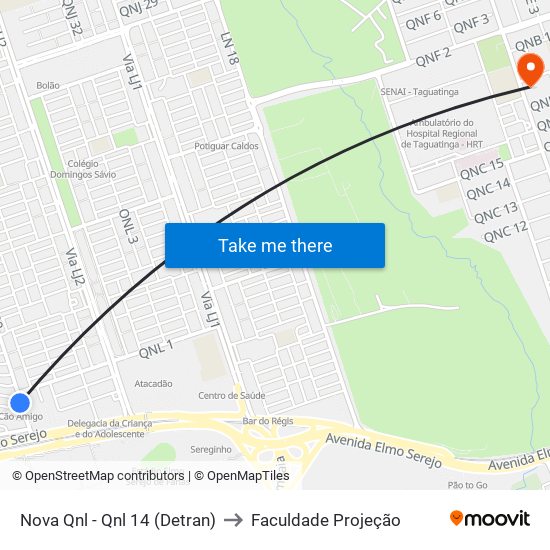 Nova Qnl - Qnl 14 (Detran) to Faculdade Projeção map