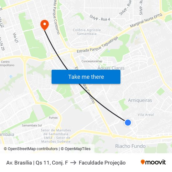 Av. Brasília | Qs 11, Conj. F to Faculdade Projeção map