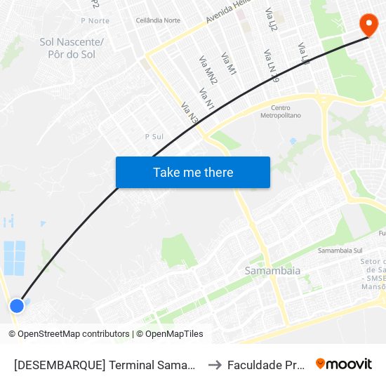 Terminal Samambaia Norte (Desembarque) to Faculdade Projeção map