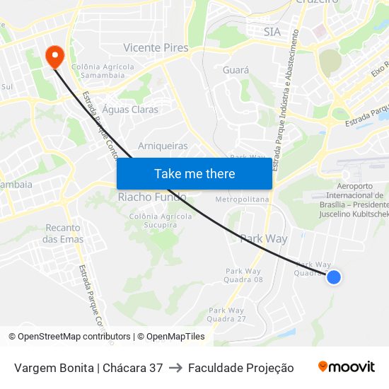 Vargem Bonita | Chácara 37 to Faculdade Projeção map